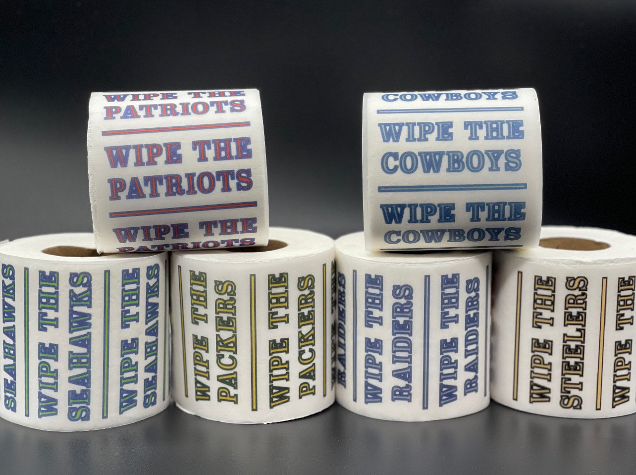 25 individually-wrapped “WIPE THE SEAHAWKS” toilet paper.