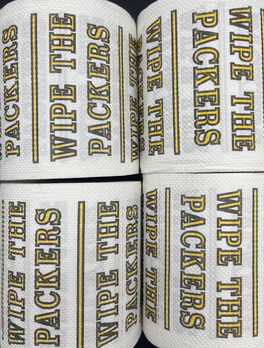 4 individually-wrapped “WIPE THE PACKERS” toilet paper.